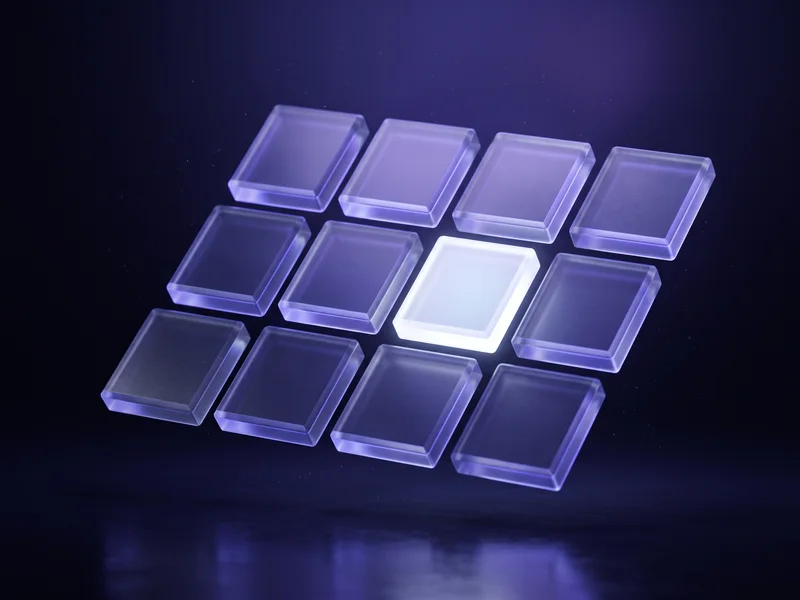 A neat lattice of translucent glowing tiles held in one calm frame