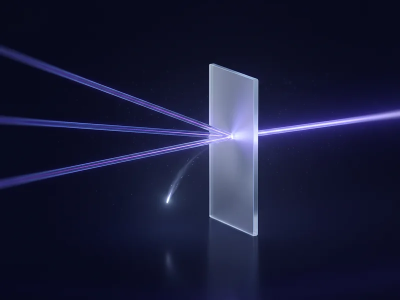 Three light beams converging on one translucent gate before continuing as a single beam
