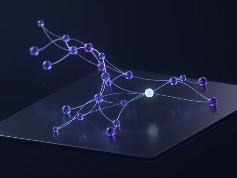 A soft web of glowing nodes joined by thin curved threads on one plane