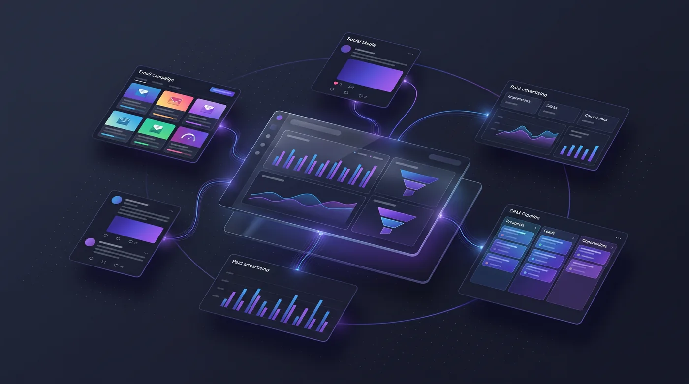 A conceptual unified marketing command center: a central analytics dashboard surrounded by connected cards for email campaigns, social posts, paid ads, and a CRM pipeline