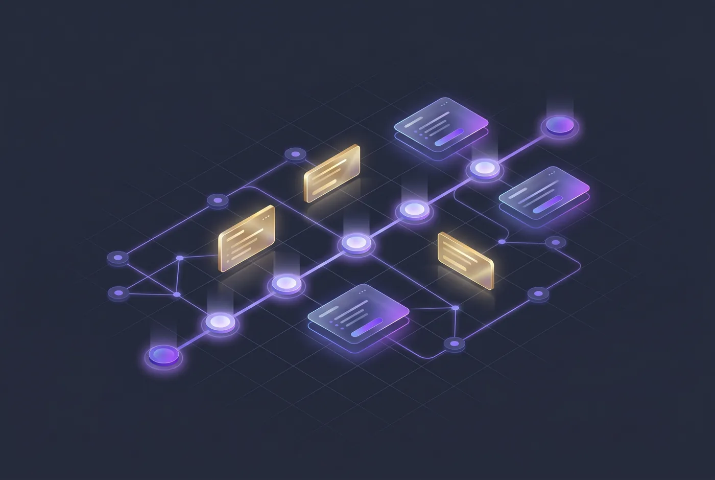 Conceptual illustration of a learning-path roadmap with milestone nodes and golden-path playbook cards, depicting onboarding and enablement