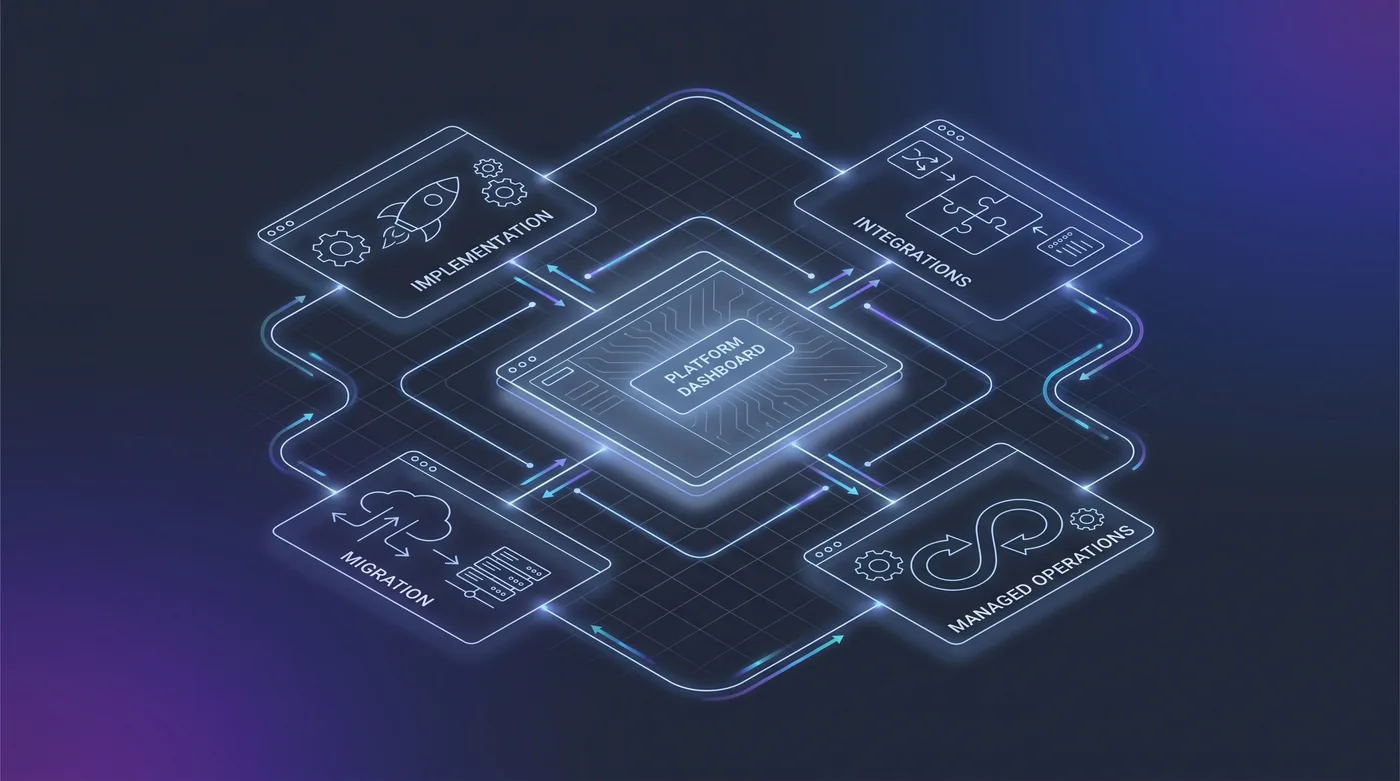 Conceptual blueprint of a marketing operations setup — a central platform dashboard surrounded by connected service modules for implementation, integrations, migration, and managed operations