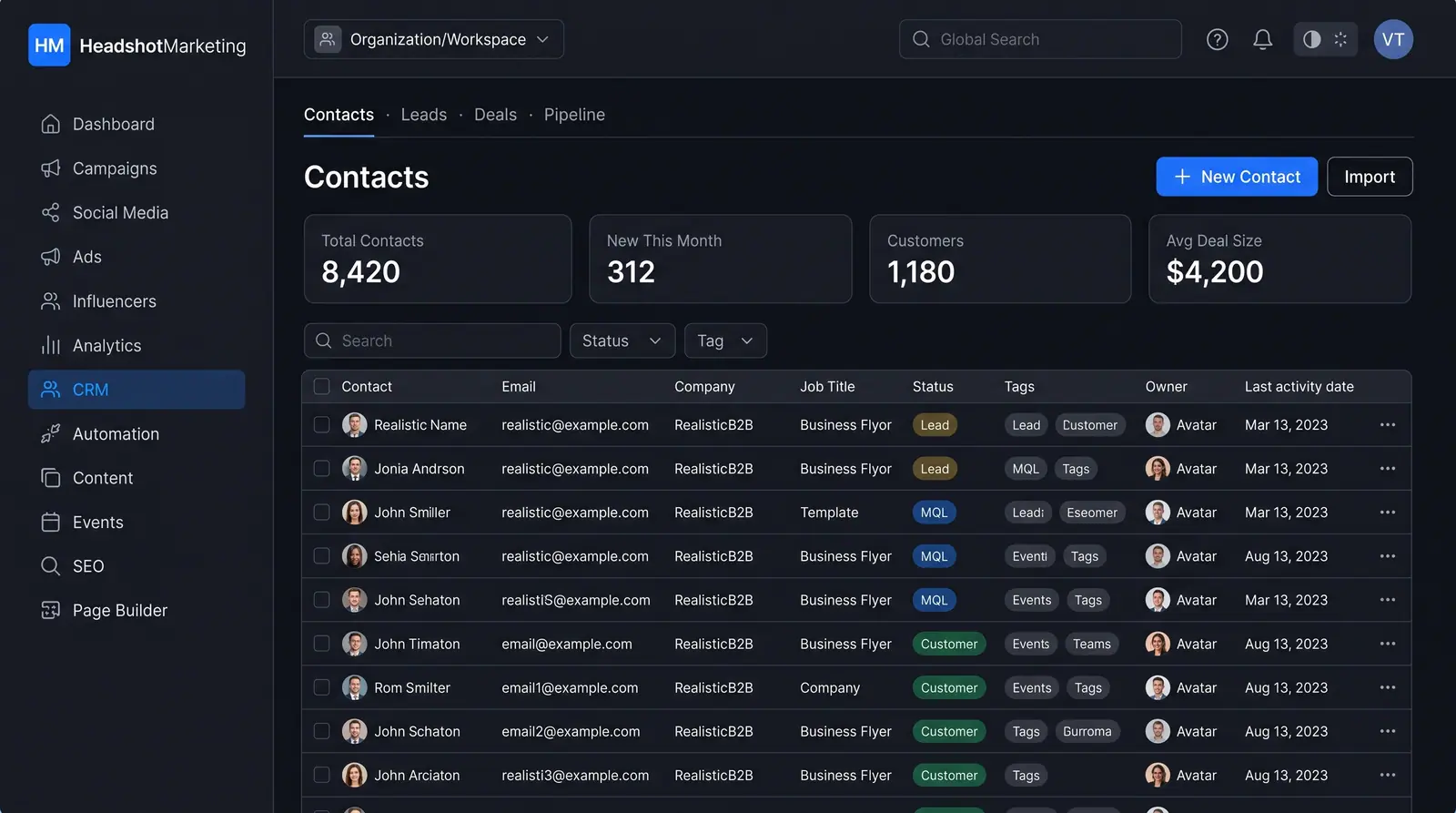 Concept illustration of a CRM contacts table with summary cards, search, status and tag filters, and columns for company, status, tags and owner