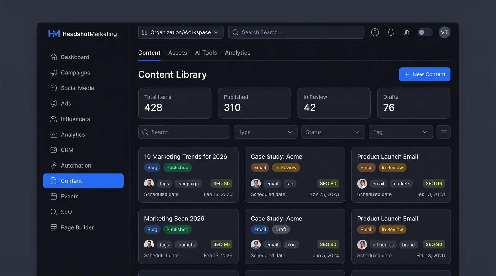 Concept illustration of the HeadshotMarketing content library with status summary cards, type, status and tag filters, and a grid of content cards