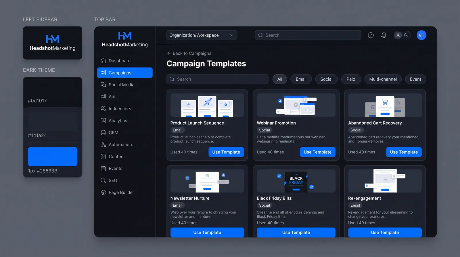 Concept illustration of a campaign template gallery with channel filter chips and cards for launch, webinar, cart recovery and re-engagement templates