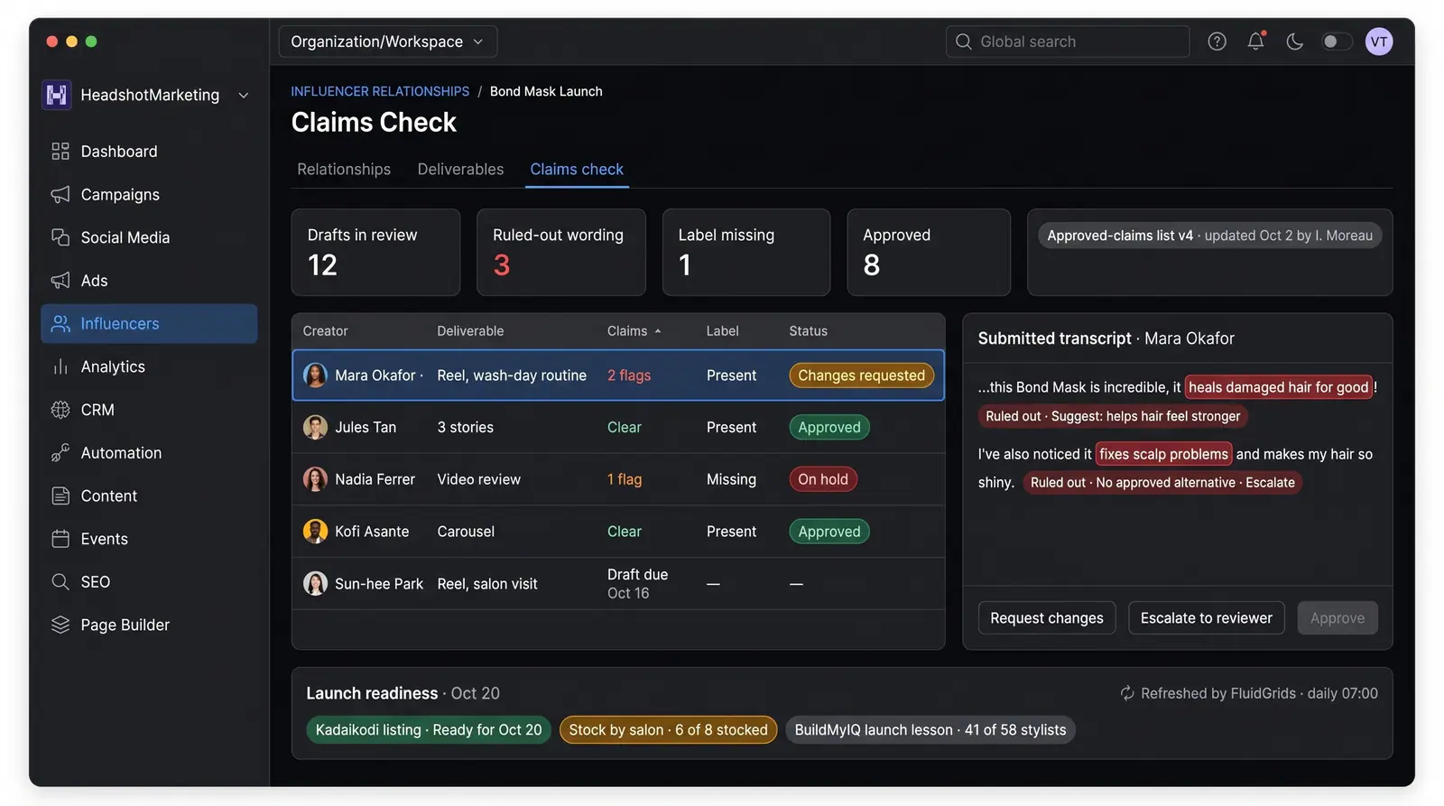 Concept illustration of a creator claims check table with flags and label status, a transcript panel of ruled-out phrases and a launch readiness strip